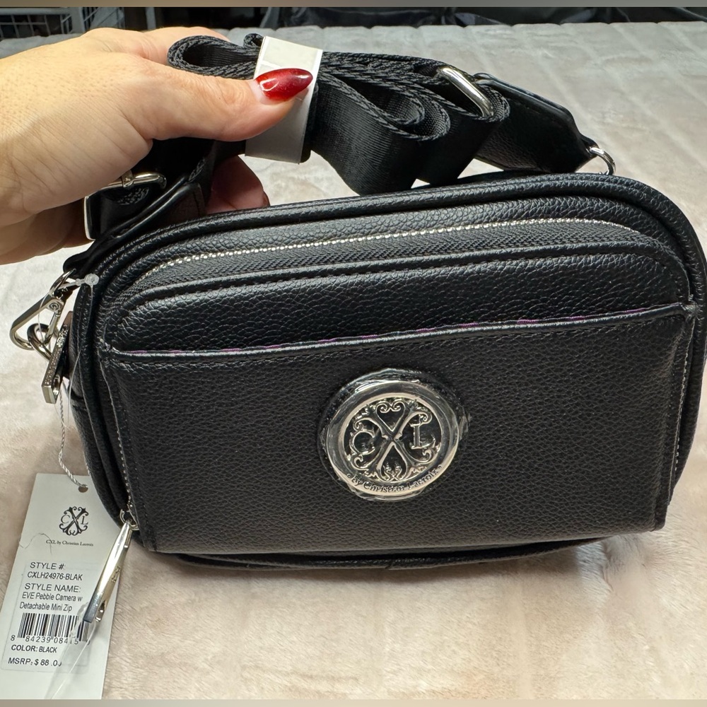 Christian Lacroix Black Crossbody Camera Bag Silver Logo w/ Detachable Mini Zip